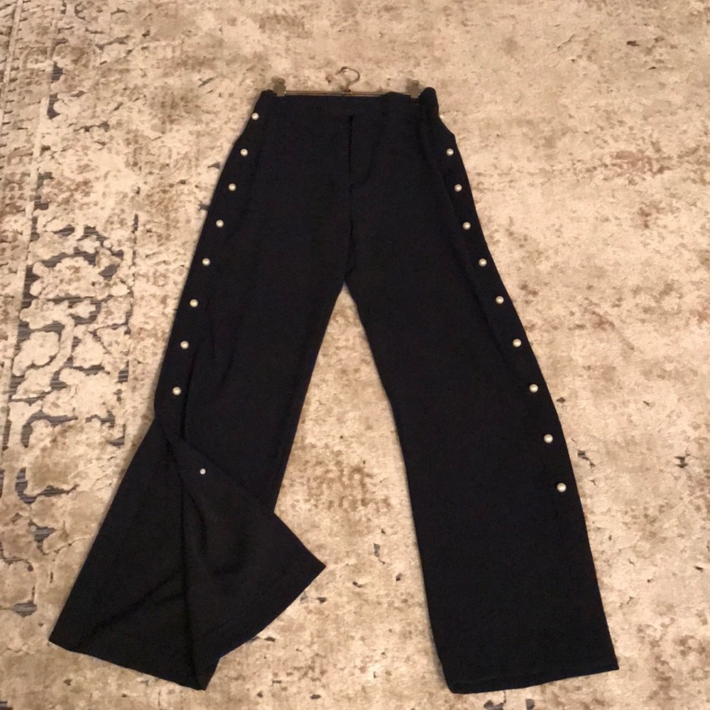 Zara navy pants, pearls down side, split bottoms